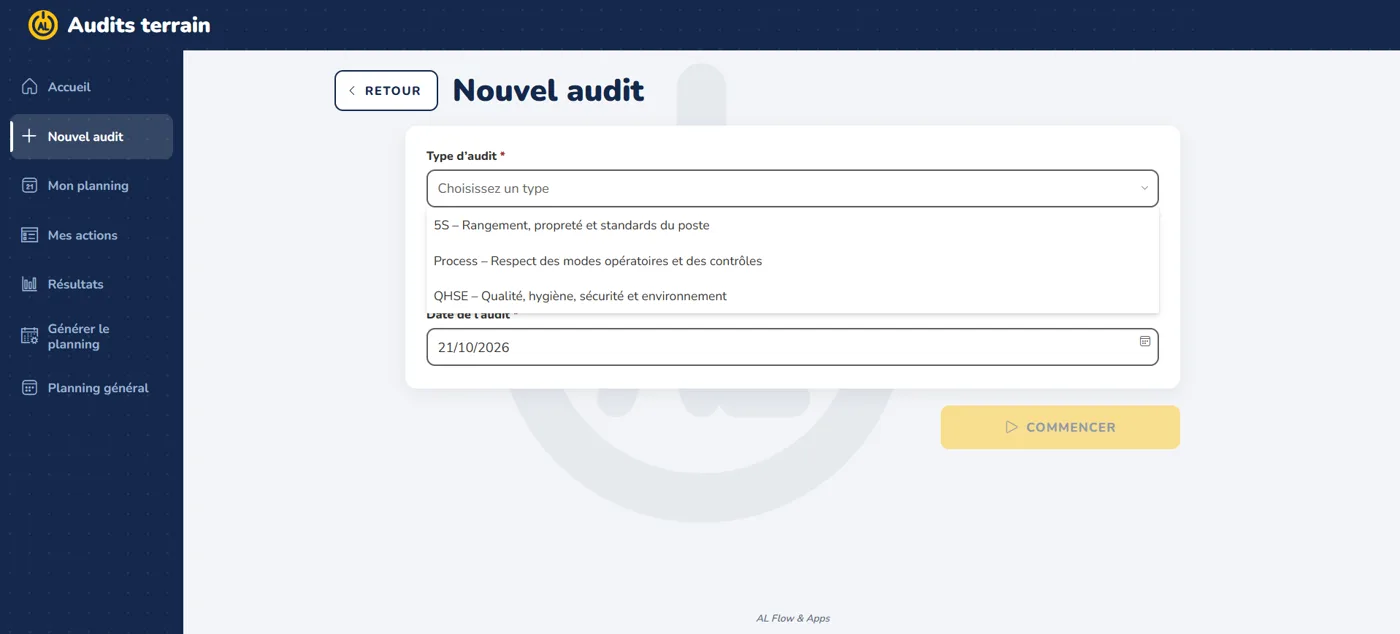 Écran Nouvel audit : choix du type d'audit 5S, Process ou QHSE et de la date
